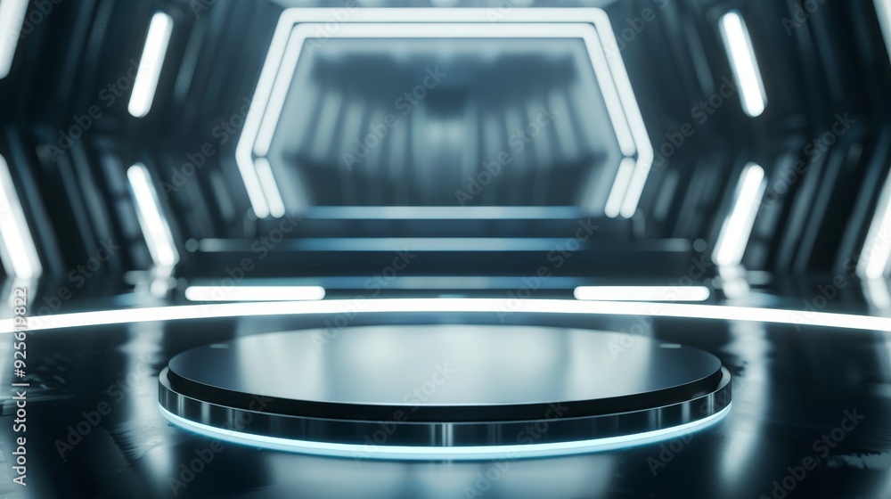 Poster futuristic sci-fi interior with illuminated hexagonal tunnel and circular platform, ideal for advanc