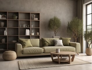 Modern Living Room with Green Sofa, Olive Trees, and Wooden Coffee Table