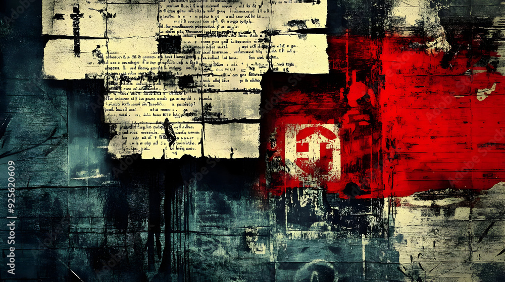 Poster Abstract collage with text and red elements on a textured background.