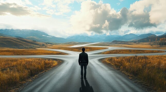 A person standing at a crossroads in a scenic landscape with mountains and cloudy skies during the day