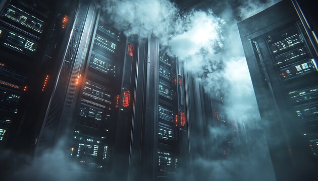 Chaotic Data Center with Servers Displaying Error Codes and Emitting Smoke, Depicting IT Outage