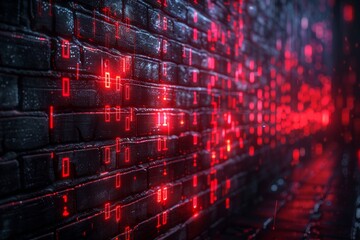 Obraz premium A digital art representation of a brick wall illuminated by vibrant red light patterns, evoking a futuristic and cyberpunk atmosphere with a sense of depth and movement