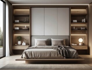 Modern Minimalist Bedroom with Wooden Shelving and a Large Bed
