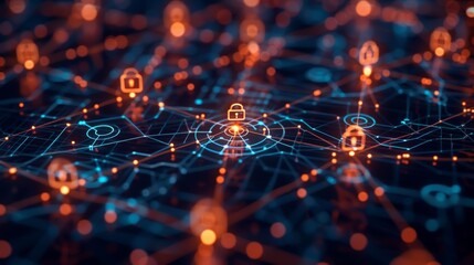A digital network featuring interconnected nodes and padlock icons, symbolizing cybersecurity and data protection in a vibrant, technological landscape