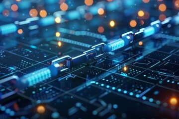 Fototapeta premium A vivid digital representation of interconnected chains and circuits, highlighting advanced technology and glowing elements in a futuristic setting