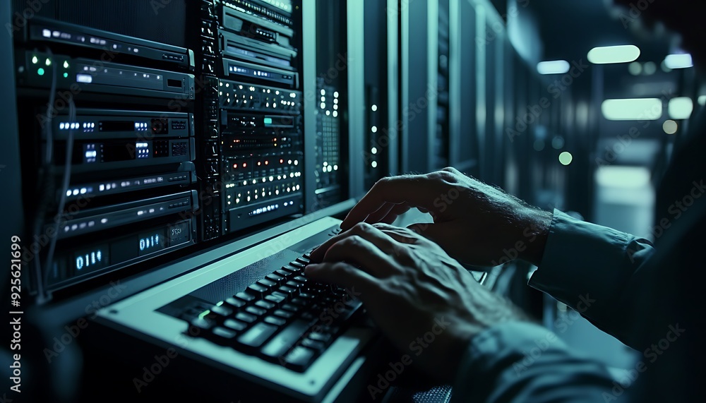 Poster technician typing commands on a rack-mounted console in a high-tech data center environment