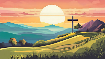 Cartoon colorful Cross on a hill sunrise Christian faith inspirational motivational church background room for copy