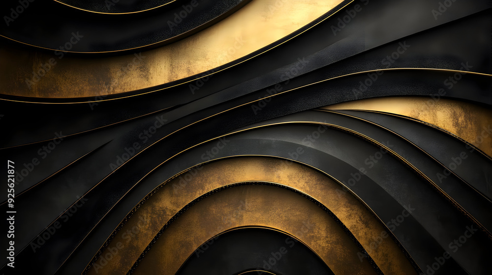 Poster abstract design featuring layered black and gold textures with smooth curves.