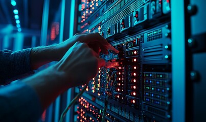 Technician Holding Network Cable Ready to Connect in a Modern Data Center Bathed in Cool Blue Light