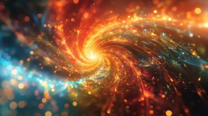 A mesmerizing cosmic swirl of vibrant colors, depicting a galaxy filled with stars and glowing particles, creating a sense of depth and motion in a celestial scene