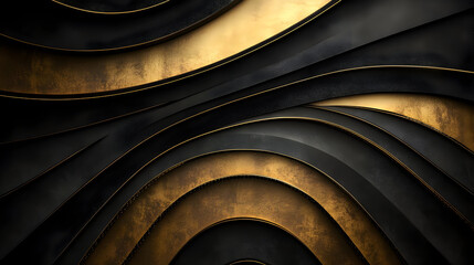 Abstract design featuring layered black and gold textures with smooth curves.