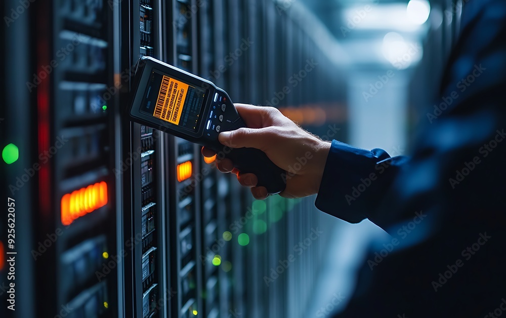 Poster close-up of technician scanning barcode on server unit in a vast data center environment