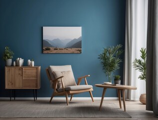 Cozy Living Room with Blue Walls, Wooden Furniture, and Mountain View Artwork