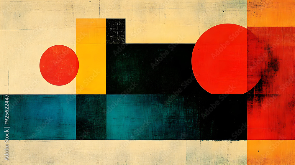 Poster abstract geometric composition featuring circles and rectangles in vibrant colors.