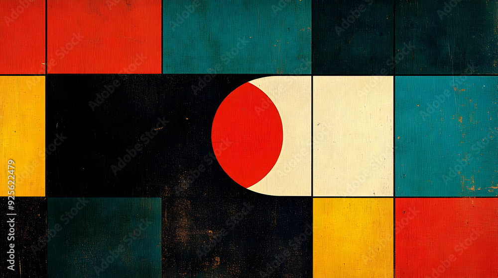 Poster abstract geometric composition with bold colors and shapes.