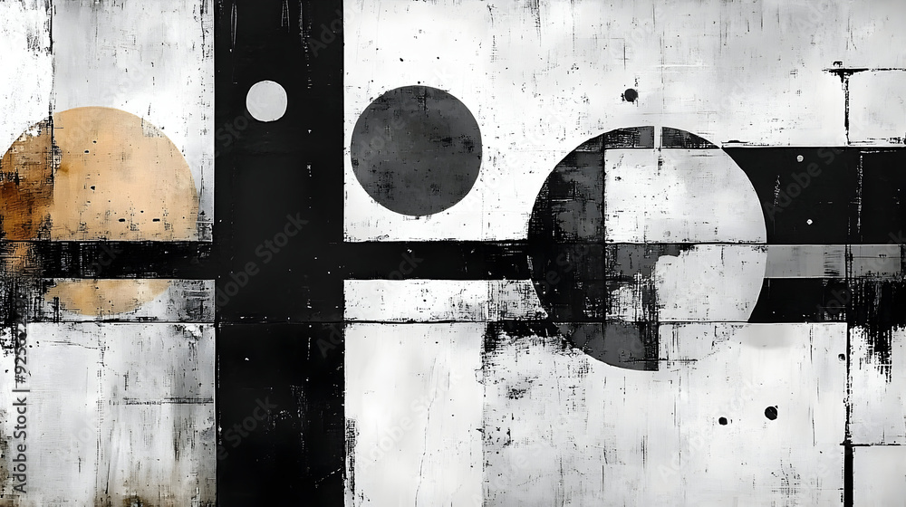 Poster abstract geometric composition with circles and lines in monochrome.