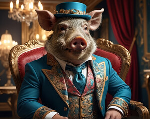 Male pig/ boar wearing luxury outfit - fancy jacket, vest, shirt, tie, and a hat. He is sitting on the antique beautiful armchair.