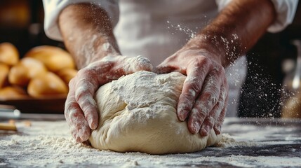 A baker kneads the dough on a floured surface, preparing it for baking fresh bread. 