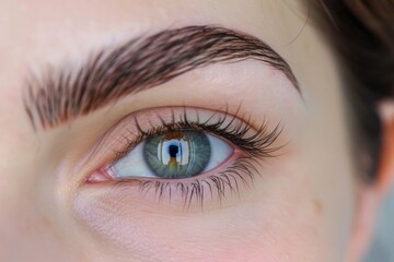 Close-up of a green eye with neatly groomed brows