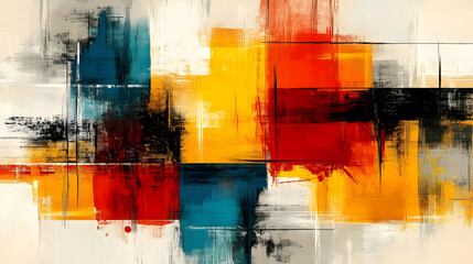 Abstract painting with vibrant colors and geometric shapes.