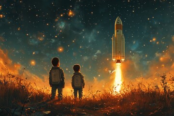 Fototapeta premium Two children watch a rocket launch against a starry night sky