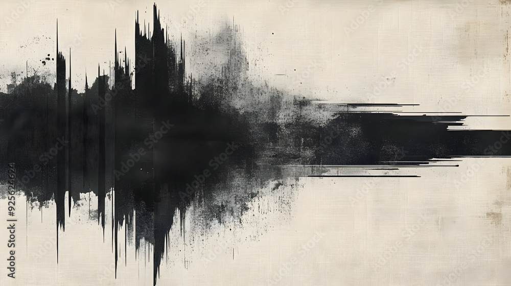Poster abstract representation of sound waves in black and white, evoking emotion and movement.