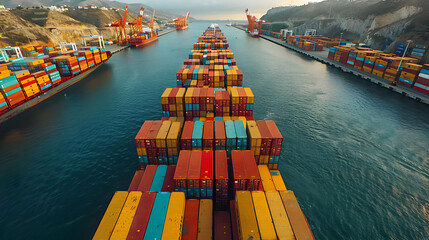 Aerial View of Cargo Ship with Colorful Shipping Containers