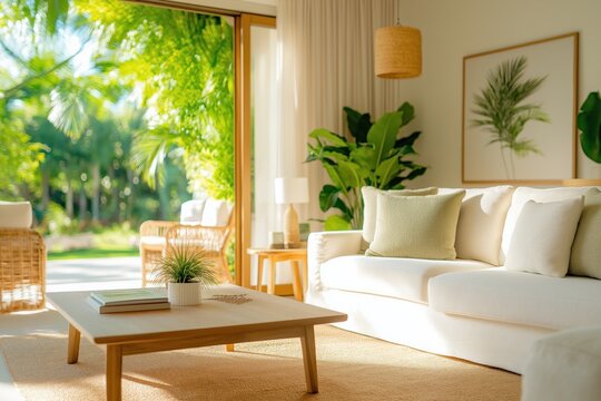 Sala de estar em conceito aberto, estilo biofilia, com integra&ccedil;&atilde;o perfeita da natureza em ambiente interno. Sala ampla e arejada com elementos naturais e biomim&eacute;ticos
