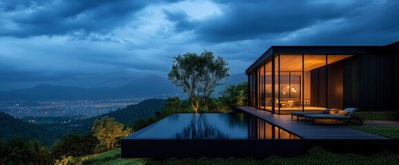 Fototapeta premium Luxury House With Swimming Pool At Night