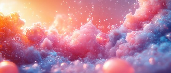 Colorful bubbles floating among soft clouds at sunset