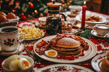 A cozy breakfast scene with pancakes, bacon, scrambled eggs, and freshly brewed coffee served on a Christmas themed tablecloth