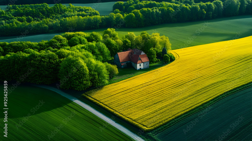 Poster aerial view of a serene countryside with fields and a house.