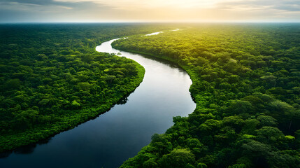 Aerial view of a winding river through lush green rainforest.