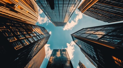 Looking up at modern skyscrapers in a city with bright clouds on a sunny day