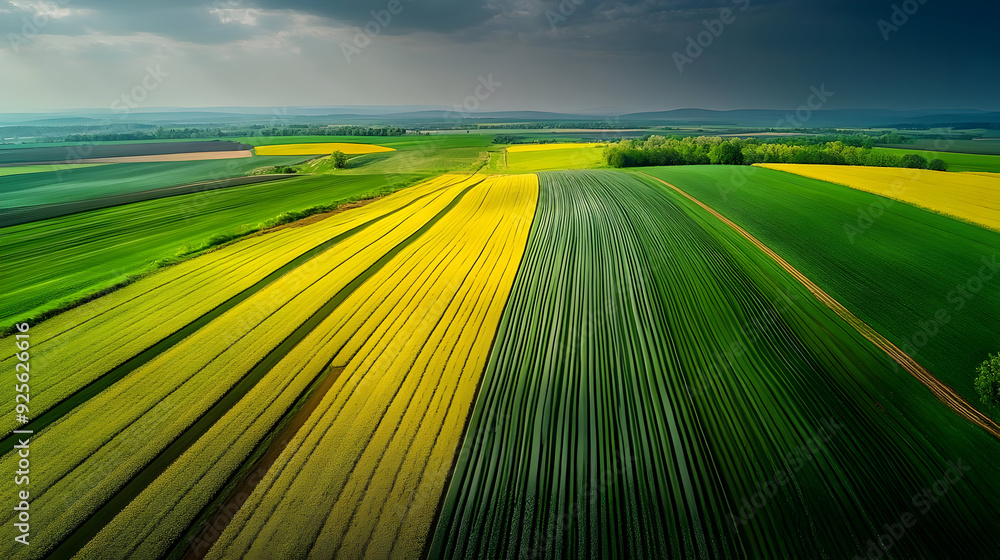 Poster aerial view of vibrant agricultural fields with contrasting colors and patterns.