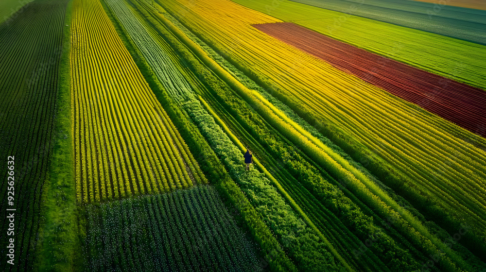 Poster aerial view of vibrant agricultural fields with varied crop patterns and colors.
