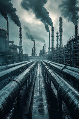 Modern industrial landscape with pipelines and refinery infrastructure, representing the ener 