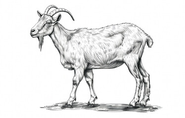 Fototapeta premium Goat. Vintage retro print, black white goat sketch ink pencil style drawing, engrave old school. Sketch artwork silhouette goat, white background. Side view profile. Illustration