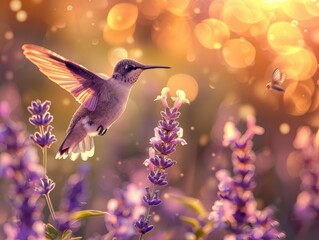 Fototapeta premium Hummingbird in Flight Over Purple Flowers