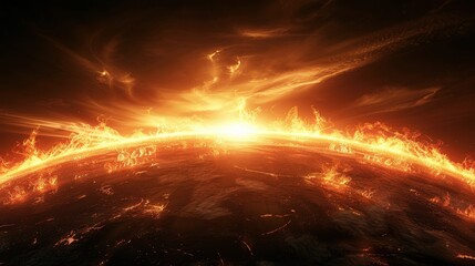 A fiery planet engulfed in flames with a bright glowing sky.