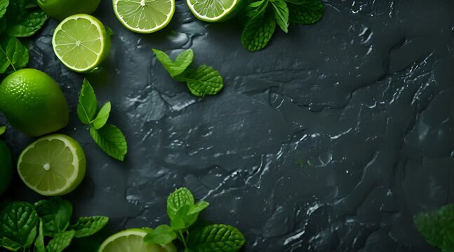 Fresh mint leaves and ripe limes arranged in a flat lay on a dark slate stone background, creating an ideal template for a menu or recipe with vibrant, fresh ingredients