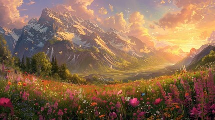 Obraz premium A mountain meadow with colorful wildflowers and butterflies