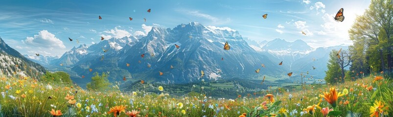 Mountain Meadow with Butterflies and Wildflowers