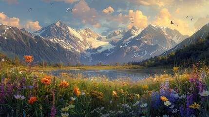 Mountain Lake with Wildflowers and Birds in Flight