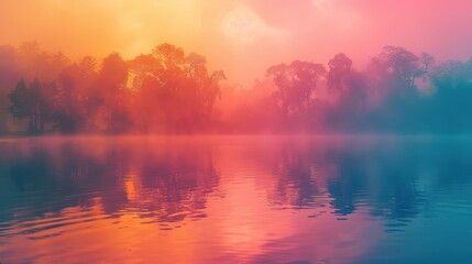 Fototapeta premium Silhouetted Trees Reflecting in a Misty Lake at Sunset