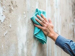 A Close-Up Of A Hand Holding A Cleaning Cloth, Scrubbing A Dirty Wall