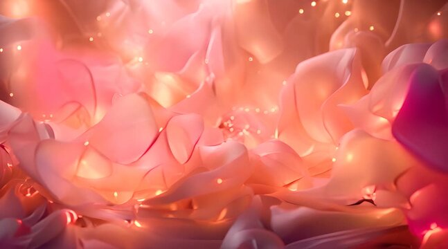 Softly glowing fairy lights intertwined with luxurious pink fabric textures, captured in a soft focus to evoke a sense of magic and whimsy