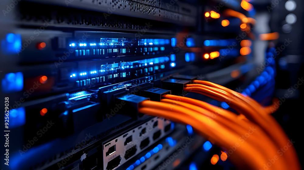 Poster close-up of a server rack with illuminated cables and connections.