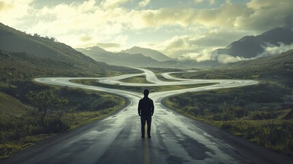 A child stands at a forked road surrounded by mountains under a cloudy sky at dawn