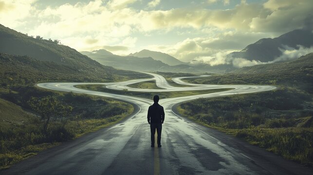 A child stands at a forked road surrounded by mountains under a cloudy sky at dawn